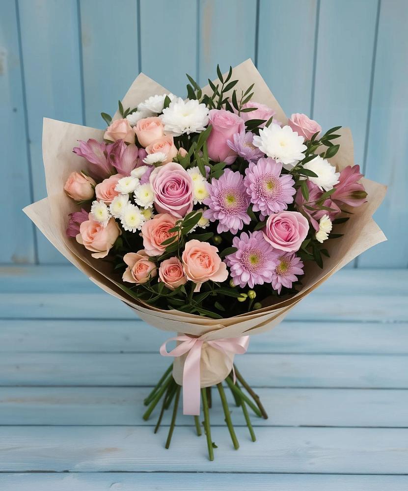 Букет цветов из: Хризантемы, Розы и Альстромерии в Красной Пойме