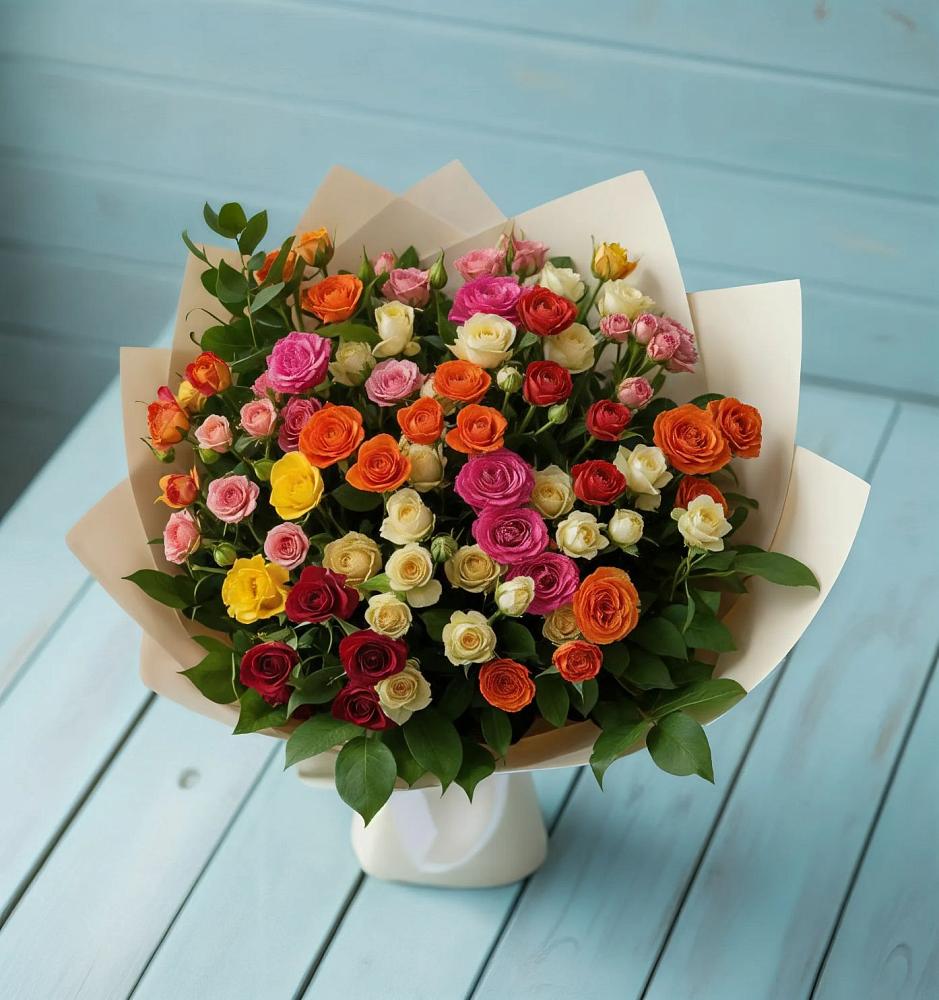 Букет Микс из разноцветных кустовых роз в Красной Пойме