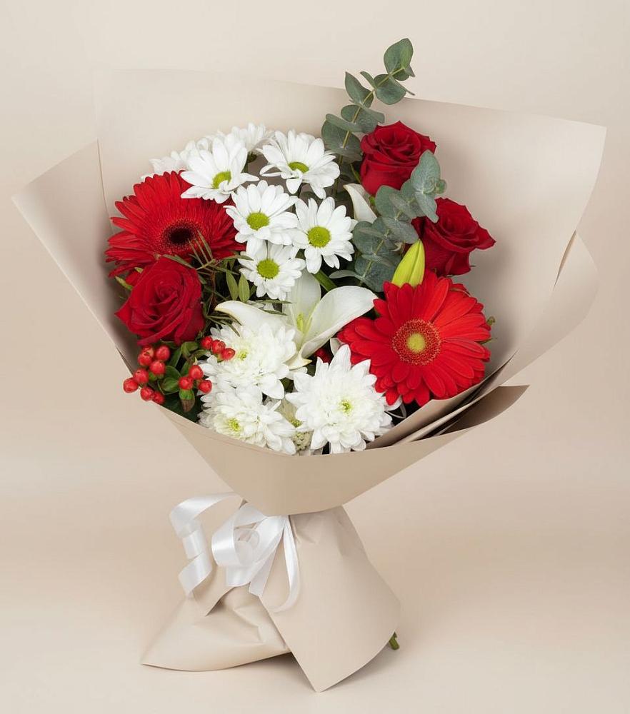 Букет цветов из: Розы, Хризантемы, Герберы и Лилии в Красной Пойме