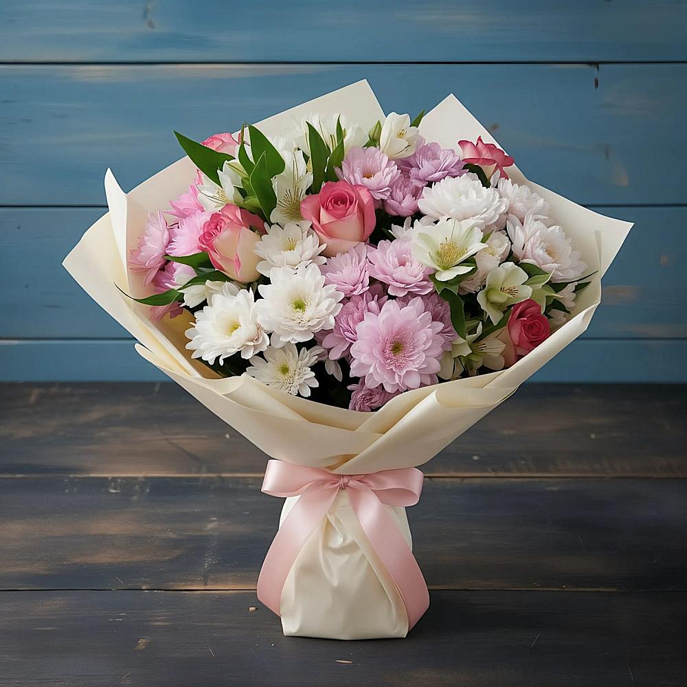 Букет цветов из: Хризантемы, Альстромерии и Розы в Красной Пойме